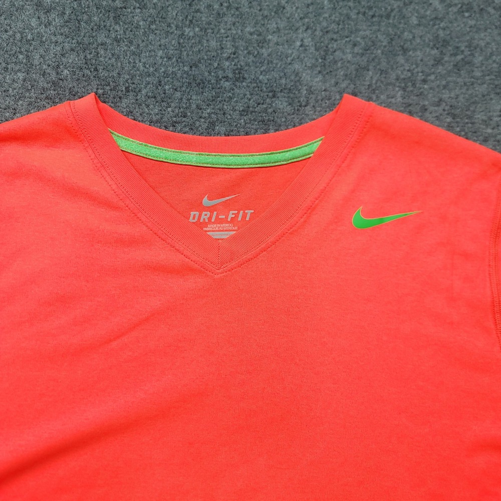 Nike Dri-FIT Mens Small V-Neck Training Shirt Neon Orange Green 532947-671